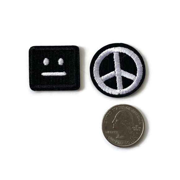 2 pc. Square Face & Peace Sign Small Embroidered Emblem Patch - Picture 2 of 3